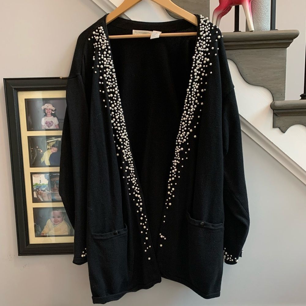 Elisabeth Black Pearl Trimmed Open Front Cardigan sz 2X EUC